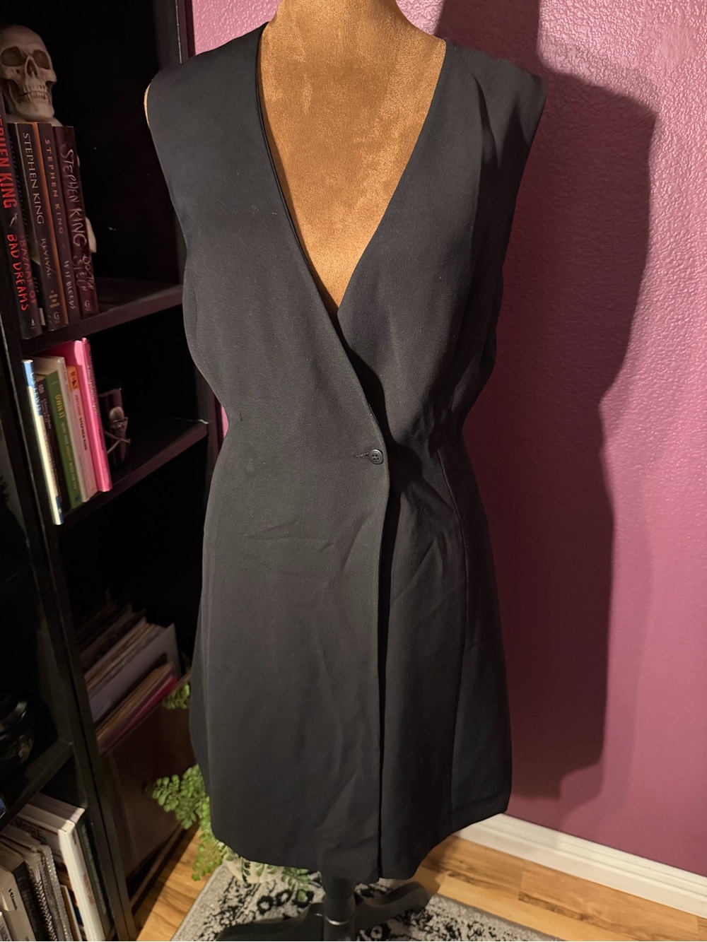 Vintage 90s Esprit single button black sleeveless wrap dress.  Classy